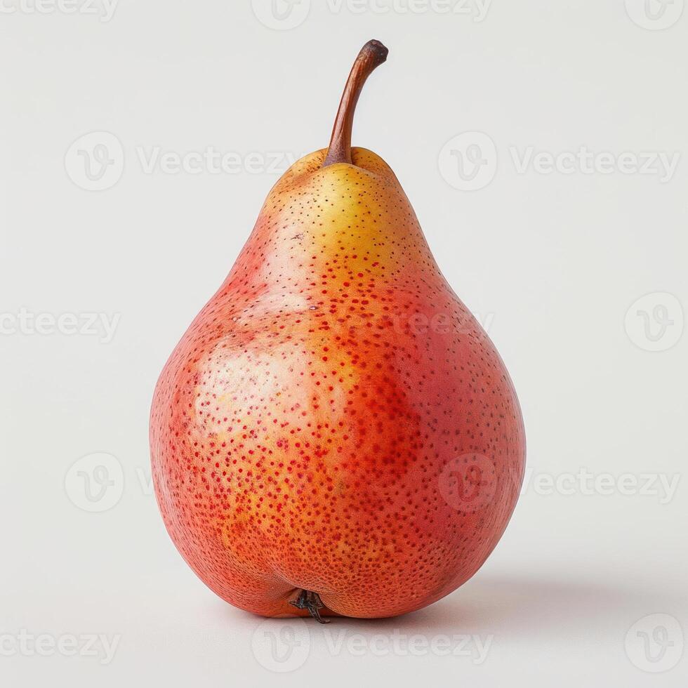 Pear with brown spots, against a white backdrop. photo