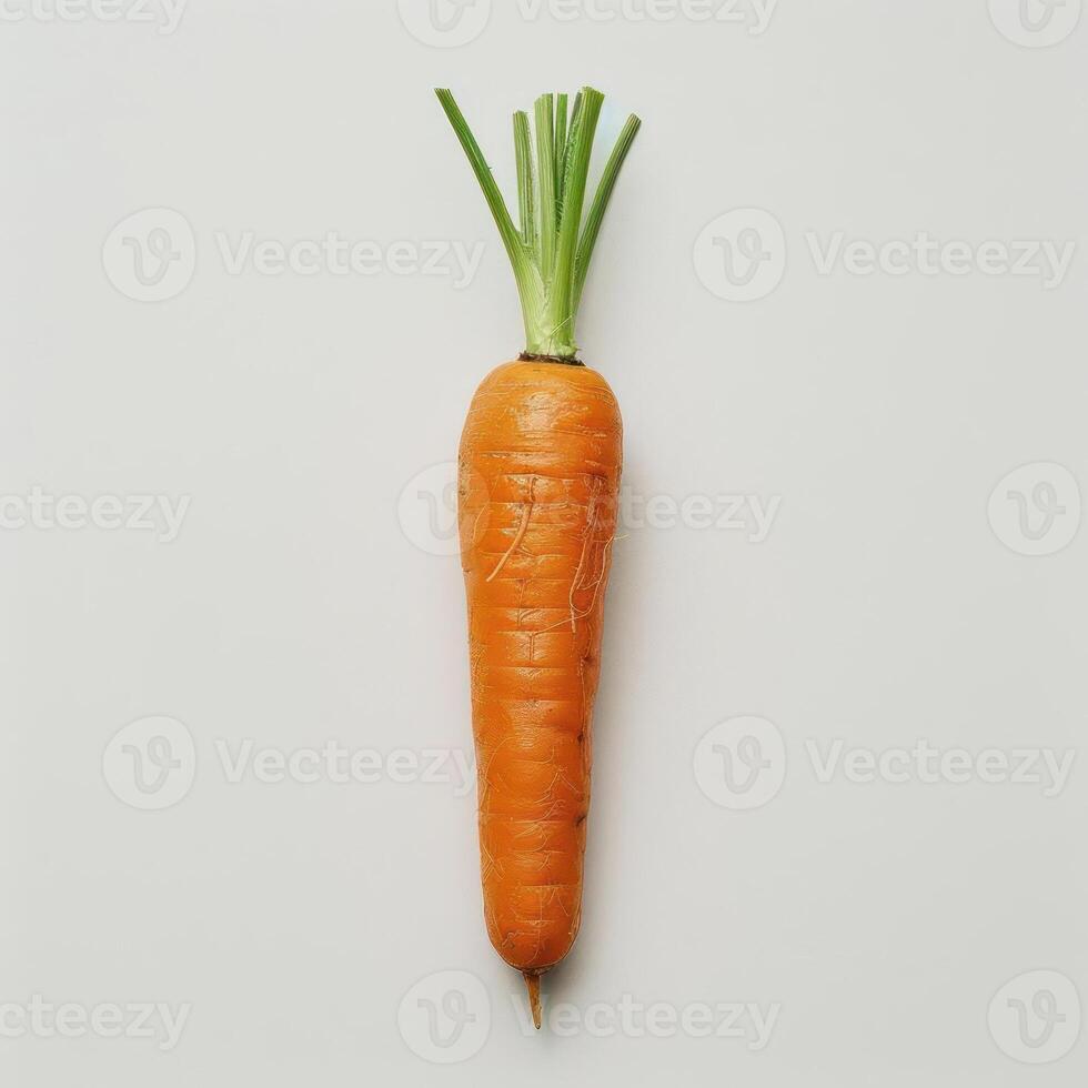 Fresh carrot with attached stems on a white surface. photo
