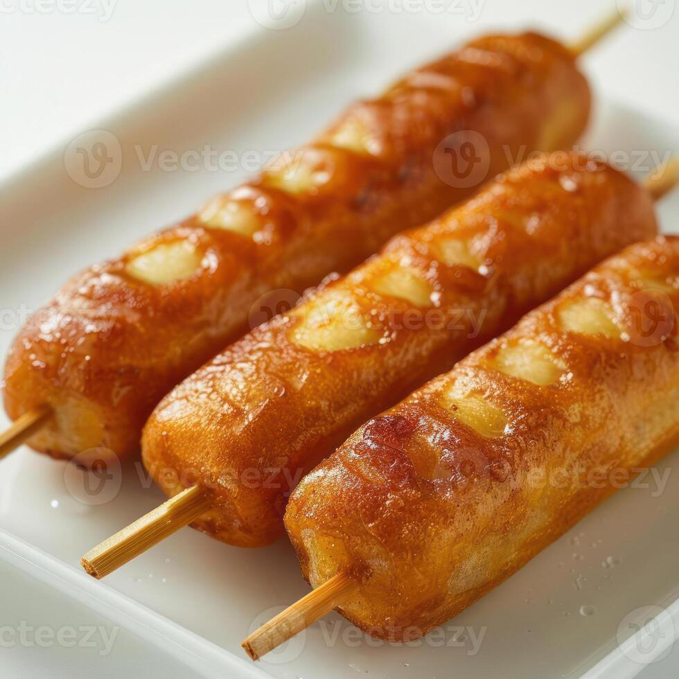 Three fried sausages on sticks, served in a presentation that suggests they are ready to be eaten. photo