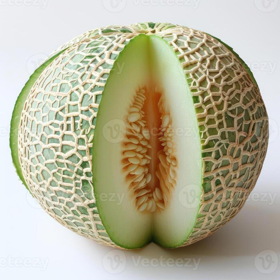 A ripe, green watermelon with a slice cut in half revealing the seeds and flesh inside. photo