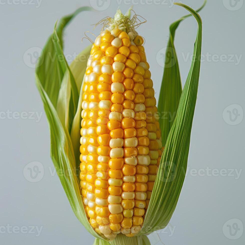 A ripe yellow corn cob with rows of corn kernels. photo