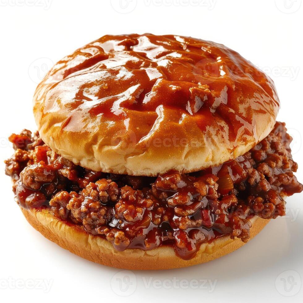 A close-up shot of a barbecue pulled pork sandwich topped with sausage on bun. photo