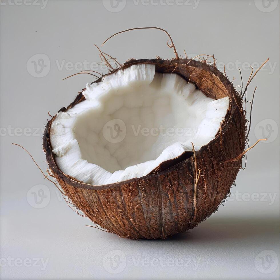 A coconut with the shell removed, revealing the flower-like structure inside. photo