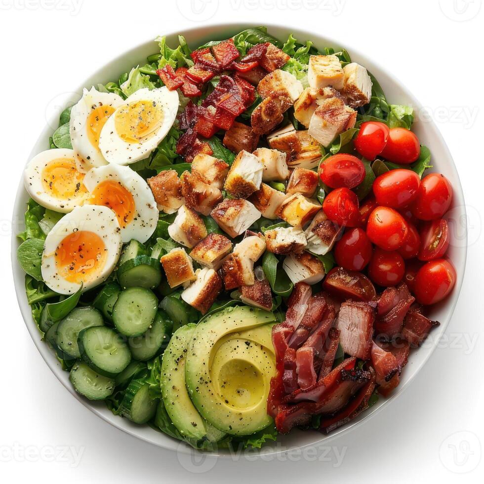 A healthy and colorful salad with a variety of ingredients, including eggs, bacon, chicken, photo