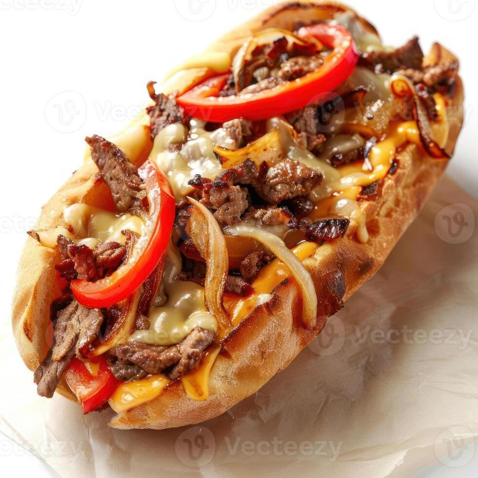 A delectable steak sandwich with onions and peppers, served in a bun. photo