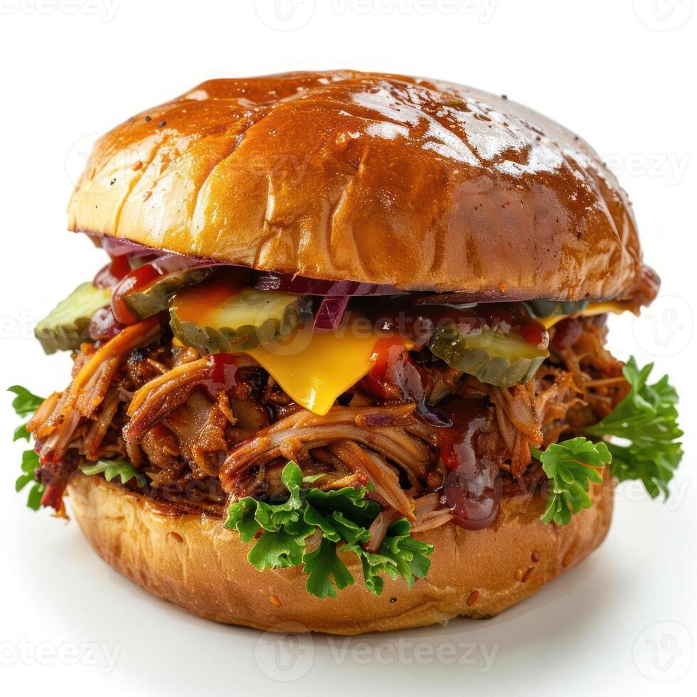 A mouth-watering barbecue pulled pork sandwich, topped with a tangy slaw and pickle, photo