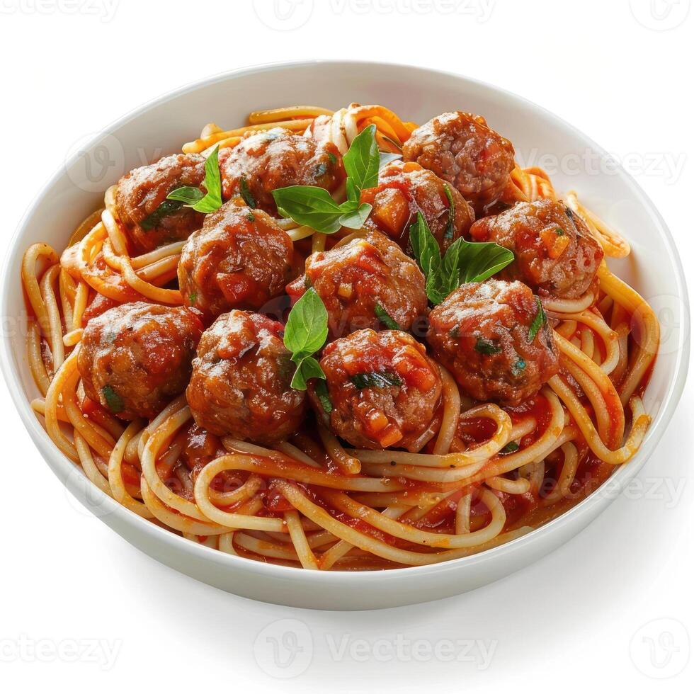 A bowl of spaghetti with meatballs, tomato sauce, and herbs. The meal looks hearty and appetizing. photo