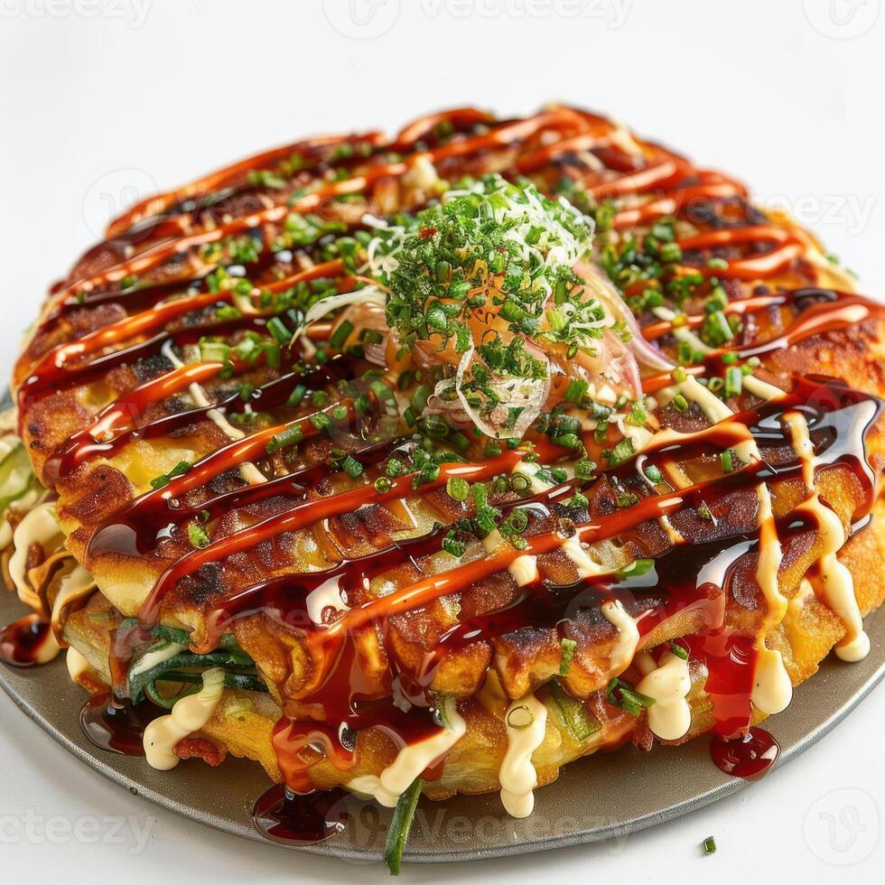 A plate of well-presented, gourmet-style sushi topped with a variety of ingredients and sauce. photo