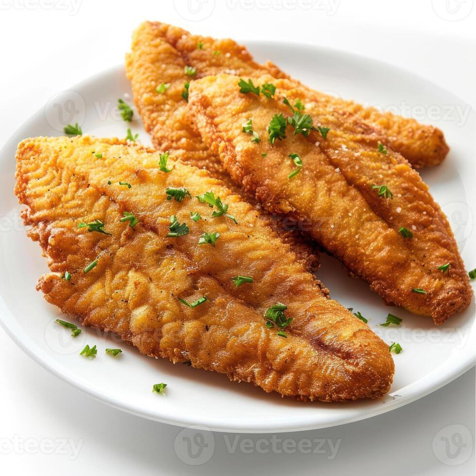 Two golden fried fish fillets with parsley and dill garnish, served on a white plate. photo