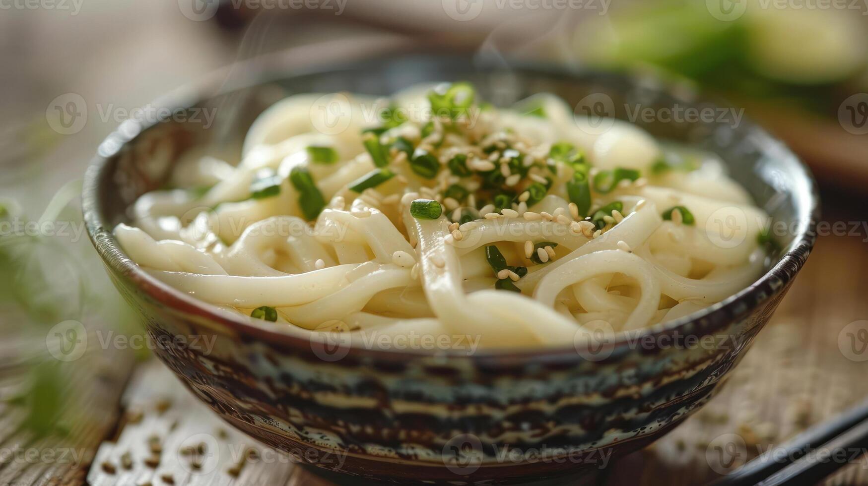 araffy bowl of noodles with sesame seeds and green onions photo