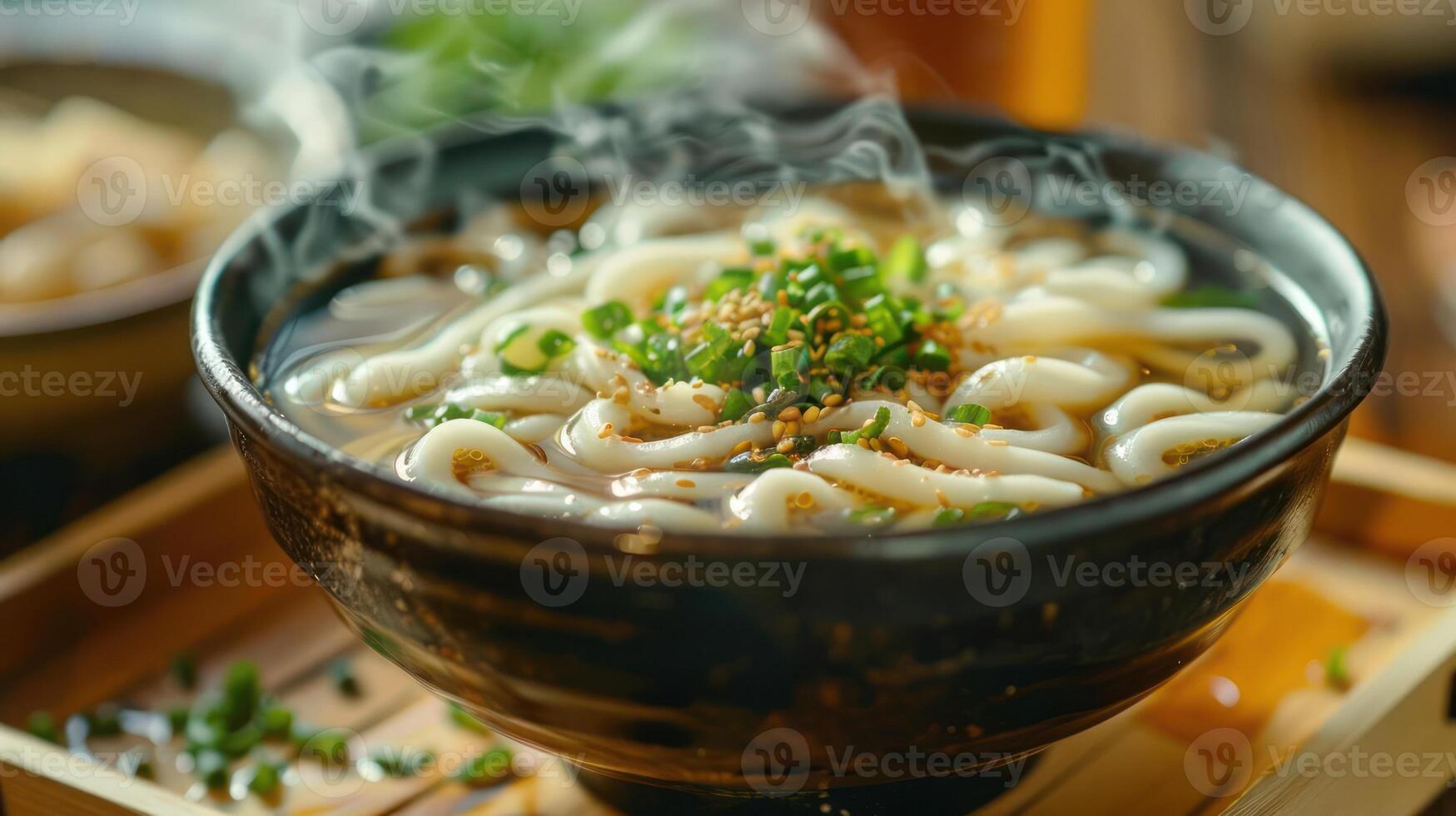 A bowl of noodles with a bowl of broth and a bowl of vegetables photo