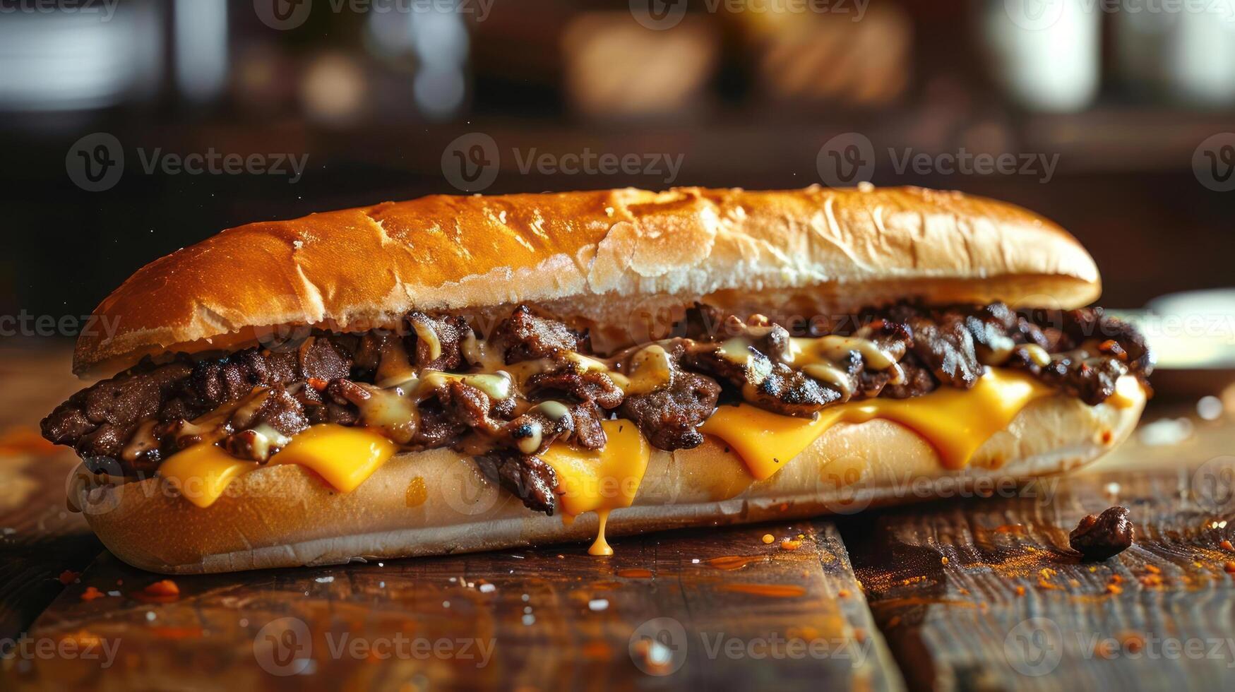 a large sandwich with cheese and meat on it photo