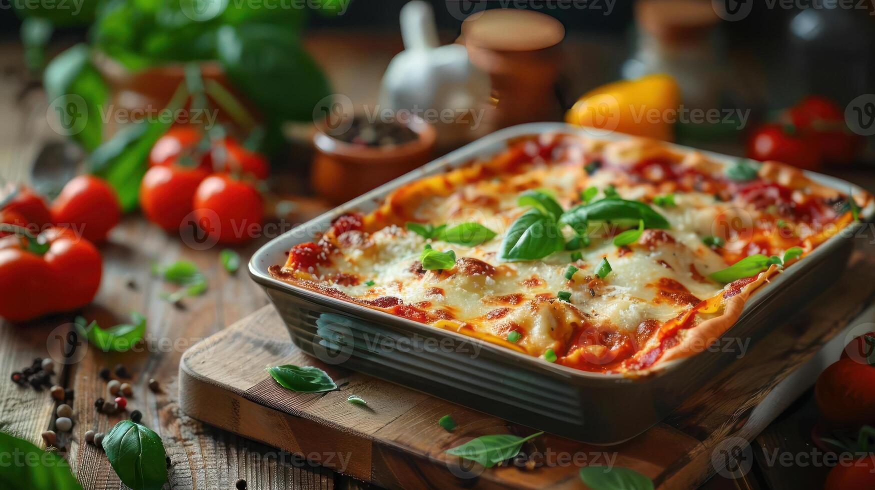 a casserole dish with cheese and vegetables on a cutting board photo