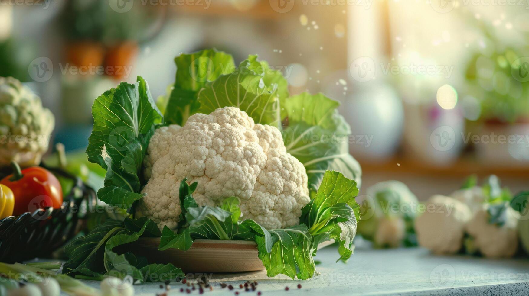 Fresh cauliflower on a table with other vegetables photo