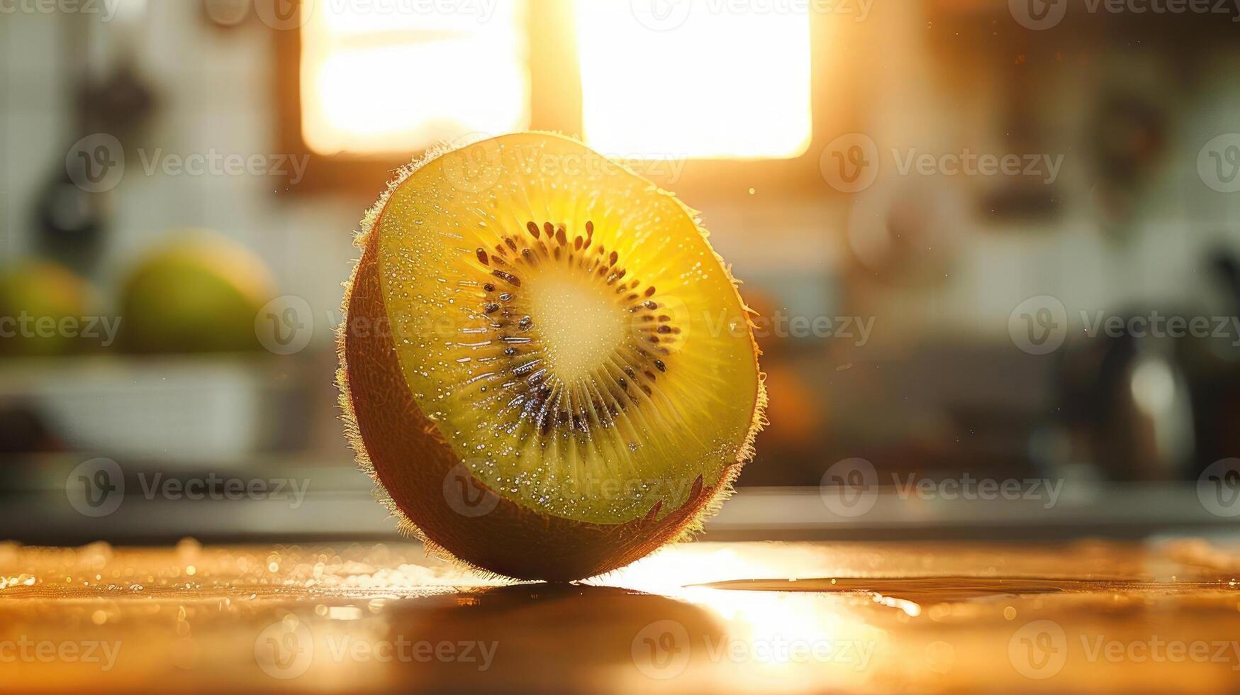 a kiwi fruit cut in half on a table photo