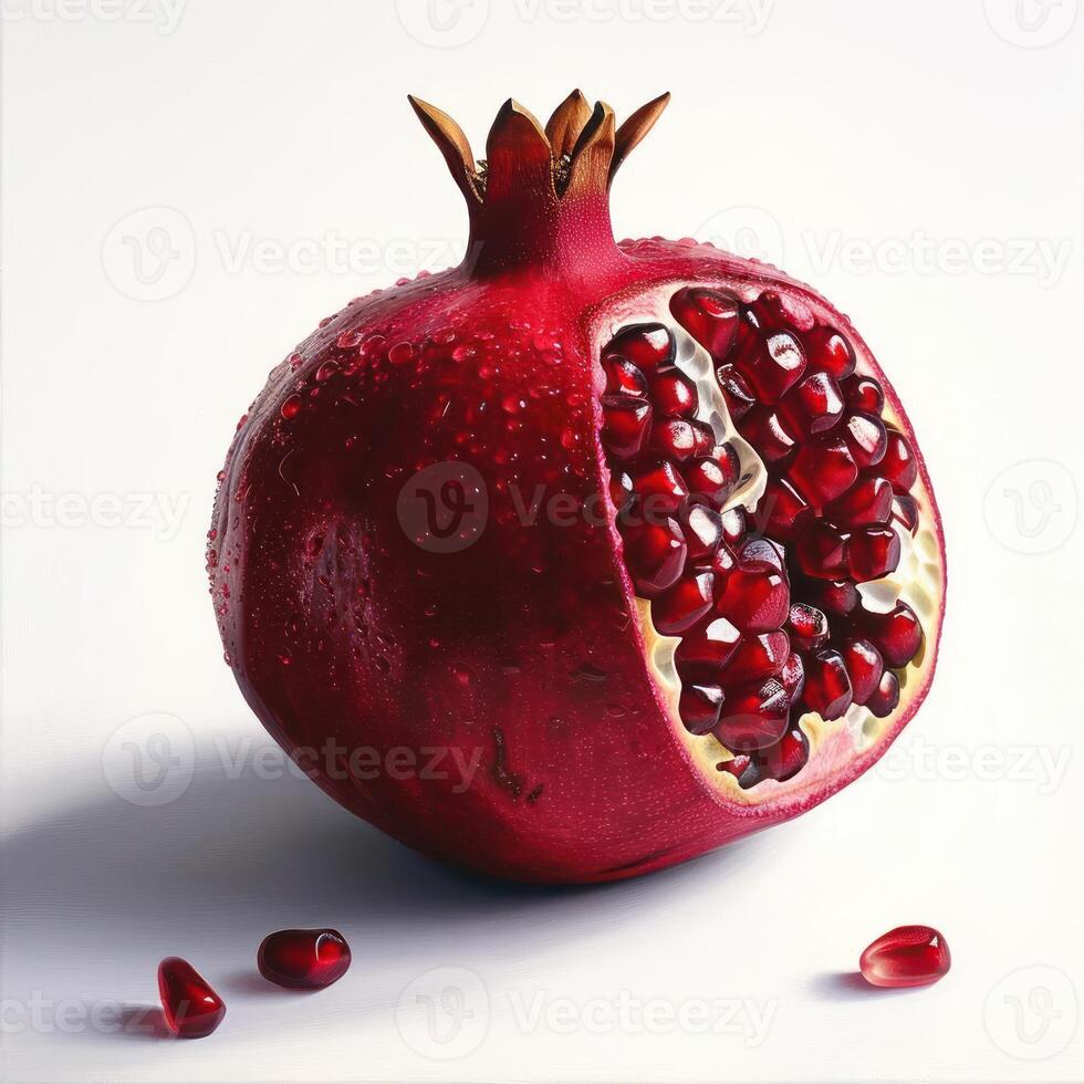 A vibrant close-up image of a pomegranate with ruby seeds visible, photo