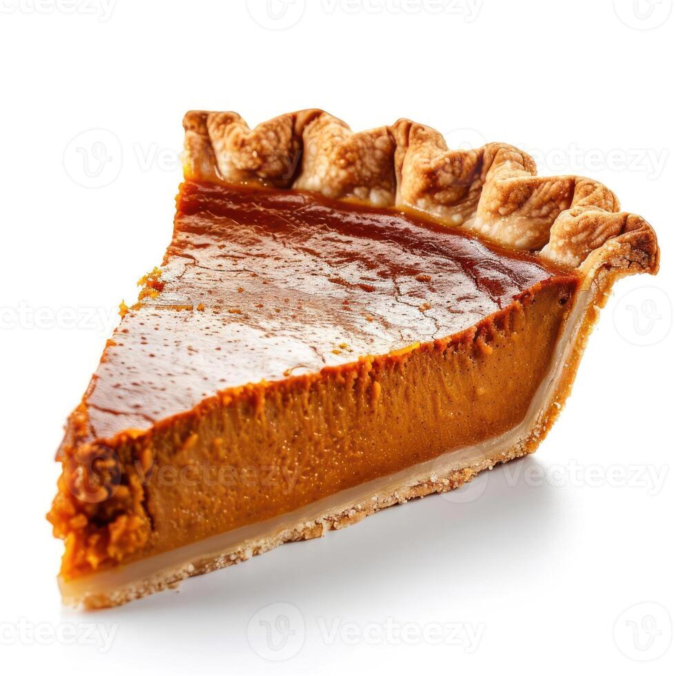 A slice of delicious pumpkin pie with a golden crust and rich, sweet filling. photo