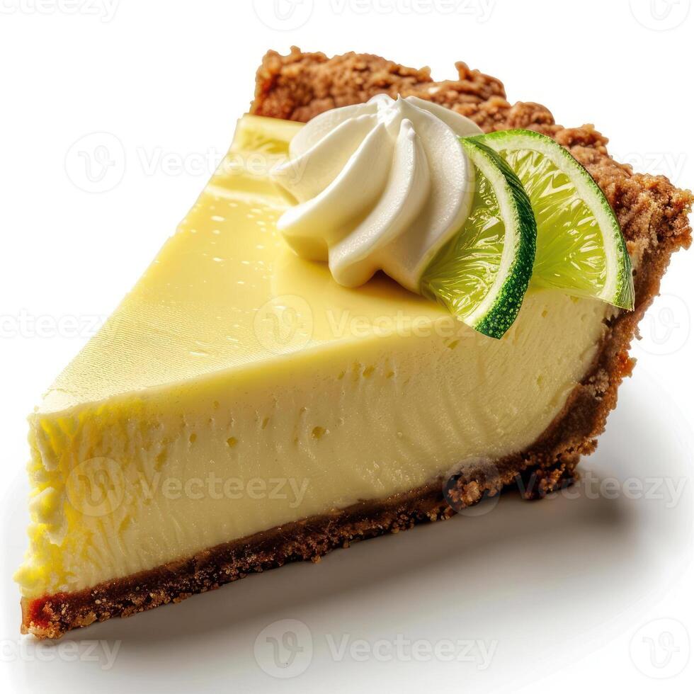 A piece of sweet and tangy cream pie garnished with a slice of fruit, drizzled with whipped cream. photo