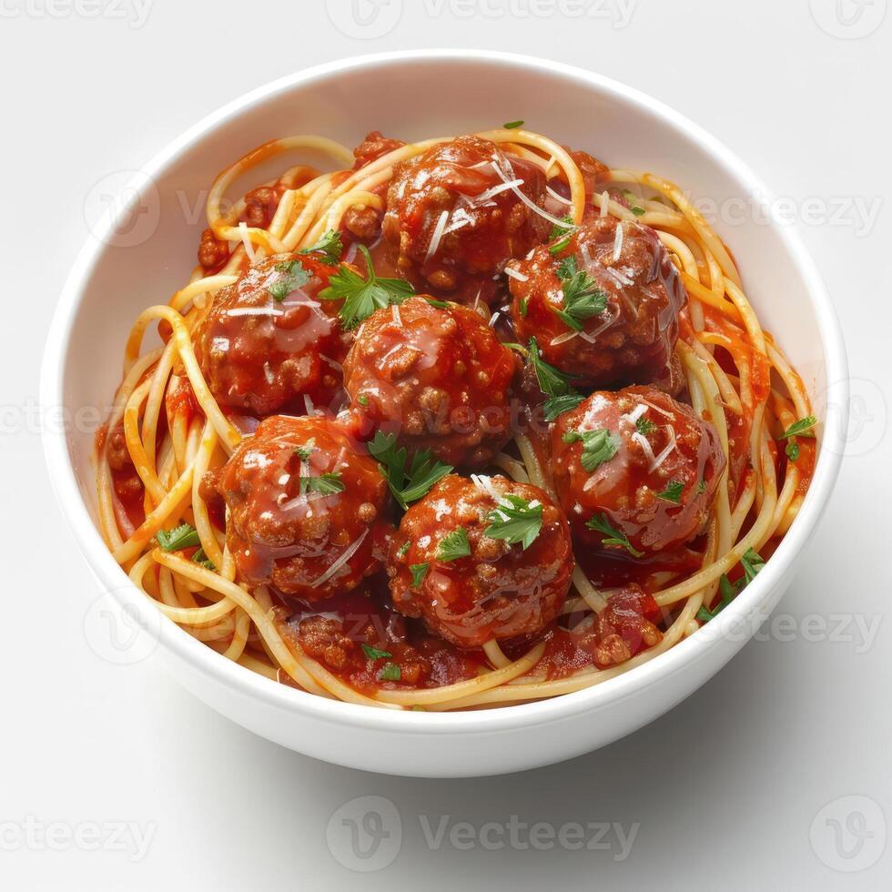 A bowl of spaghetti in a rich tomato sauce with meatballs, accompanied by fresh herbs. photo
