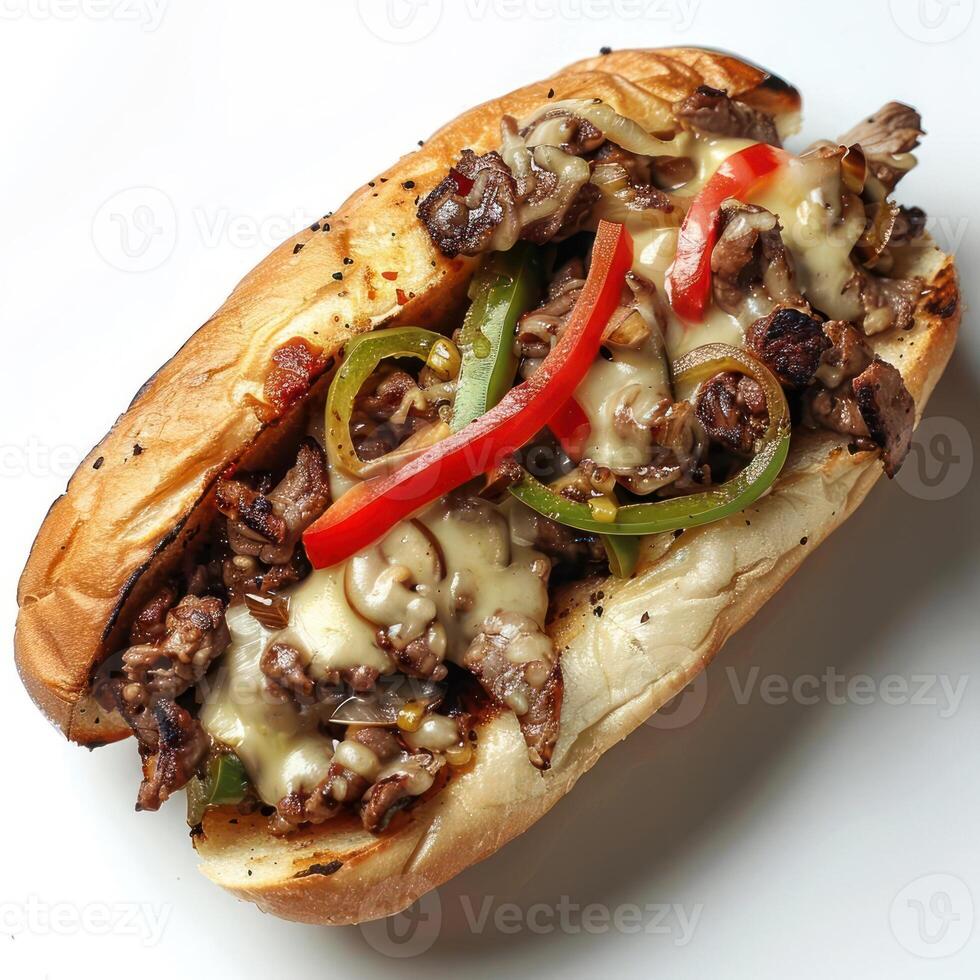 A close-up photo of a beefsteak sandwich on a white background, garnished with toppings.