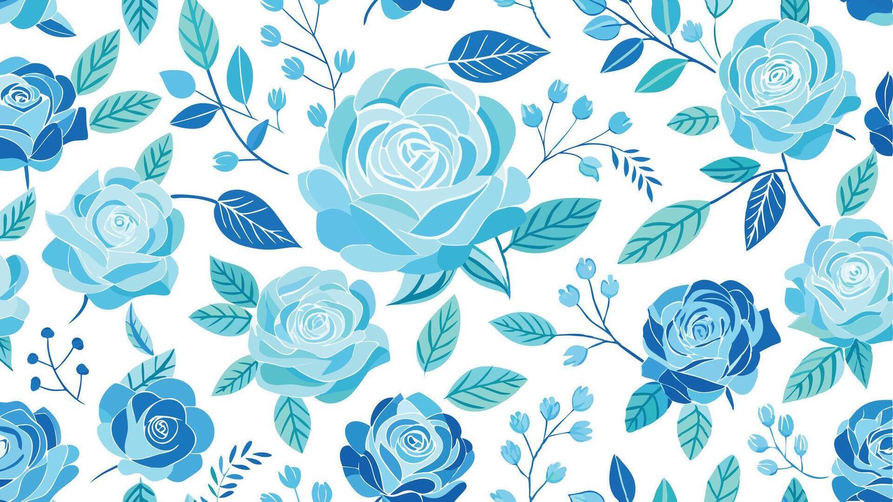blue roses and leaves are shown in this pattern vector