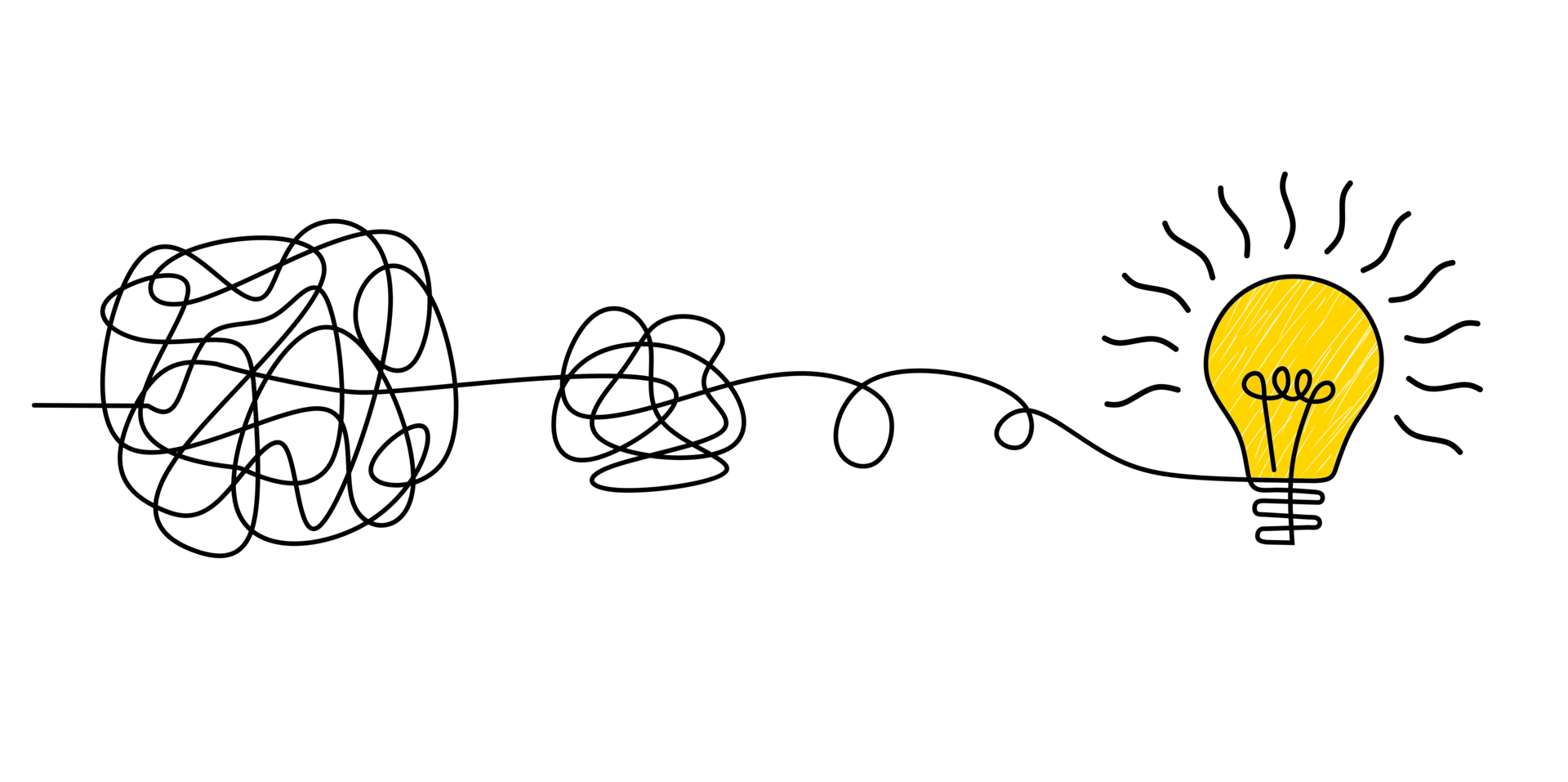 Chaotic mess lines are transformed in lightbulb continuous one line drawn, keep it simple business concept for project management, simplifying complex process lightbulb, innovations untangled problem png
