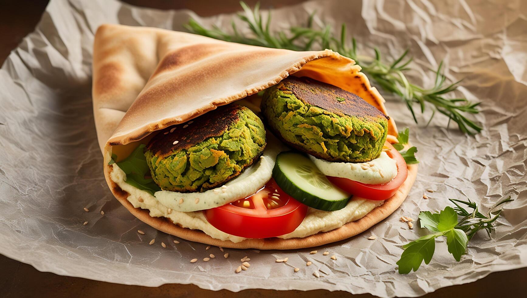 A pita with vegetables and herbs on top photo
