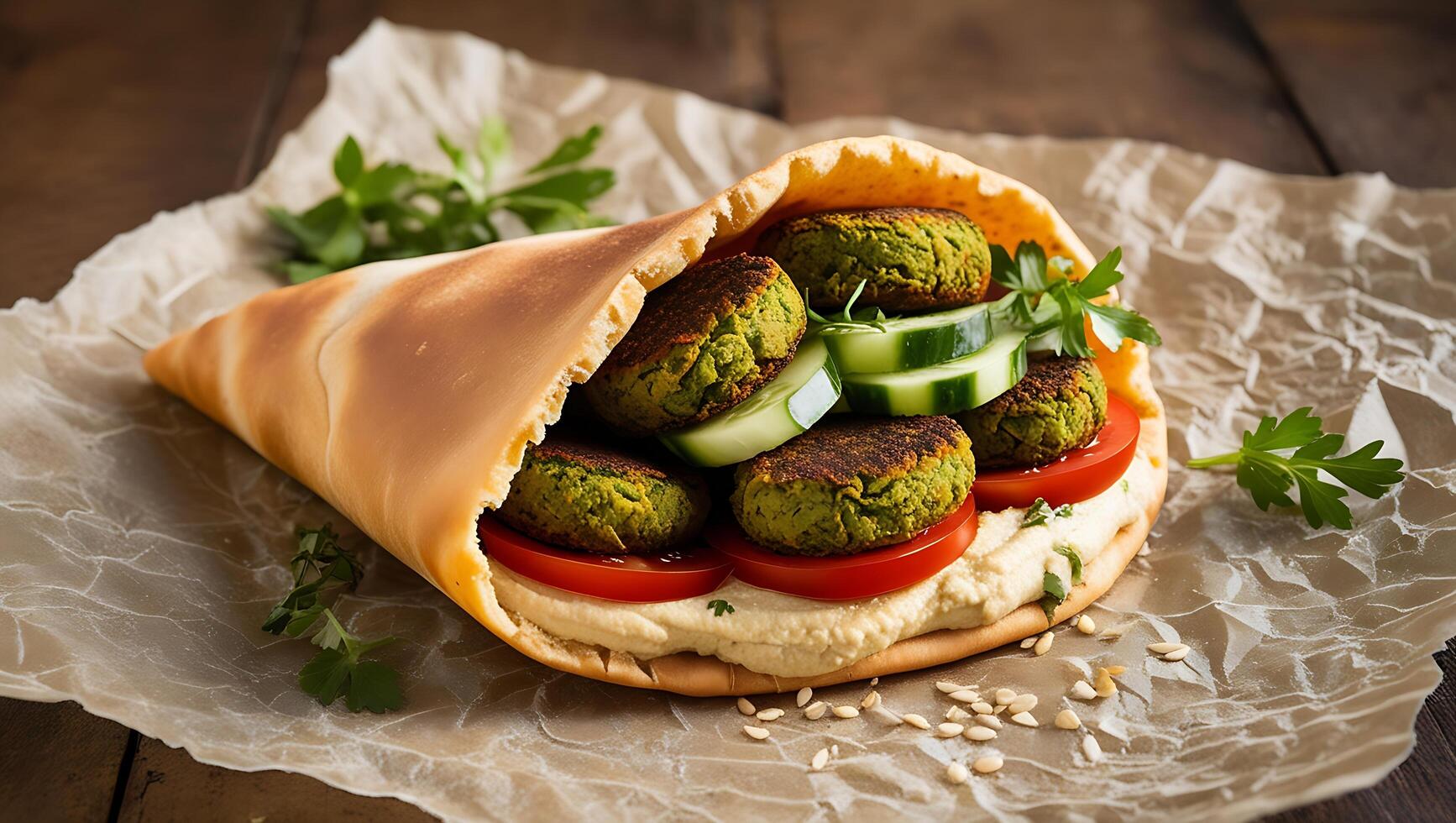 A pita with vegetables and a dip photo