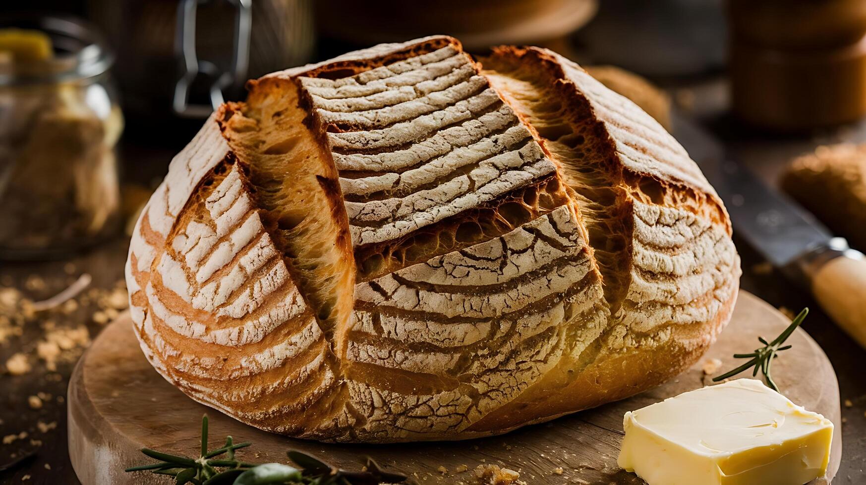 Bread on a cutting board with butter and spices photo