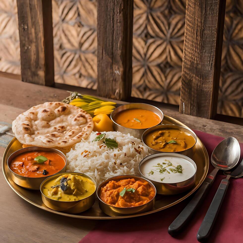 A plate with indian food on it and a spoon photo