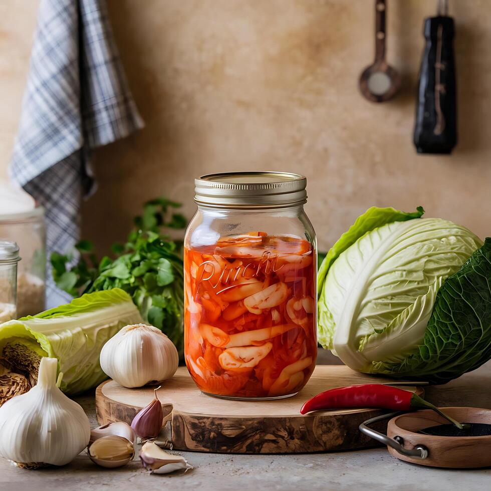 A jar of pickled cabbage with garlic and onions photo