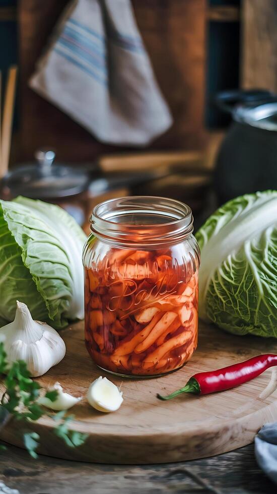 A jar of pickled cabbage with garlic and onions photo