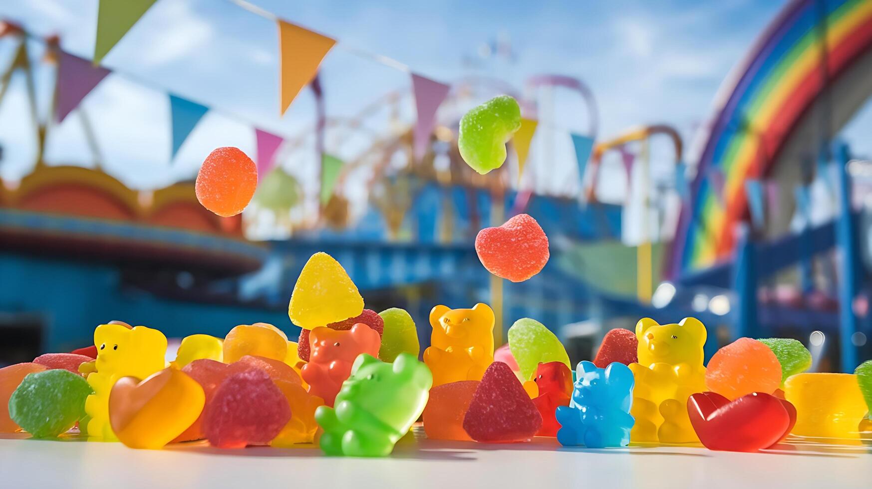 Gummy bears on a table with a rainbow and carnival rides photo