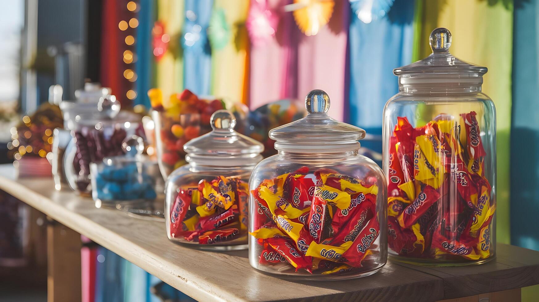 Candy bars in jars on a table photo