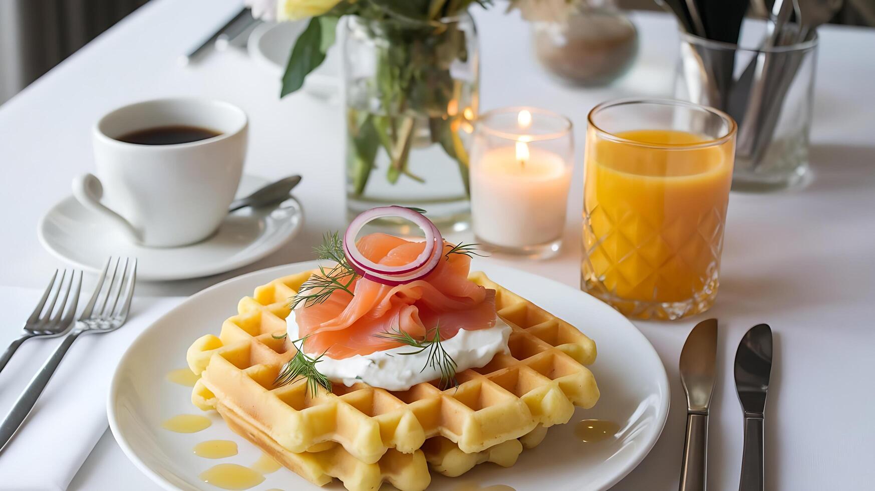 A waffle with salmon and cream on it sits on a plate photo