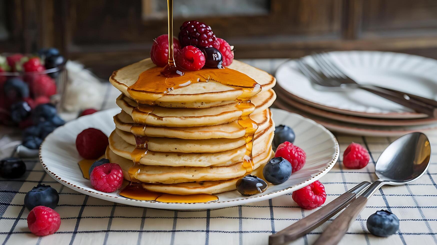 A stack of pancakes with syrup and berries photo