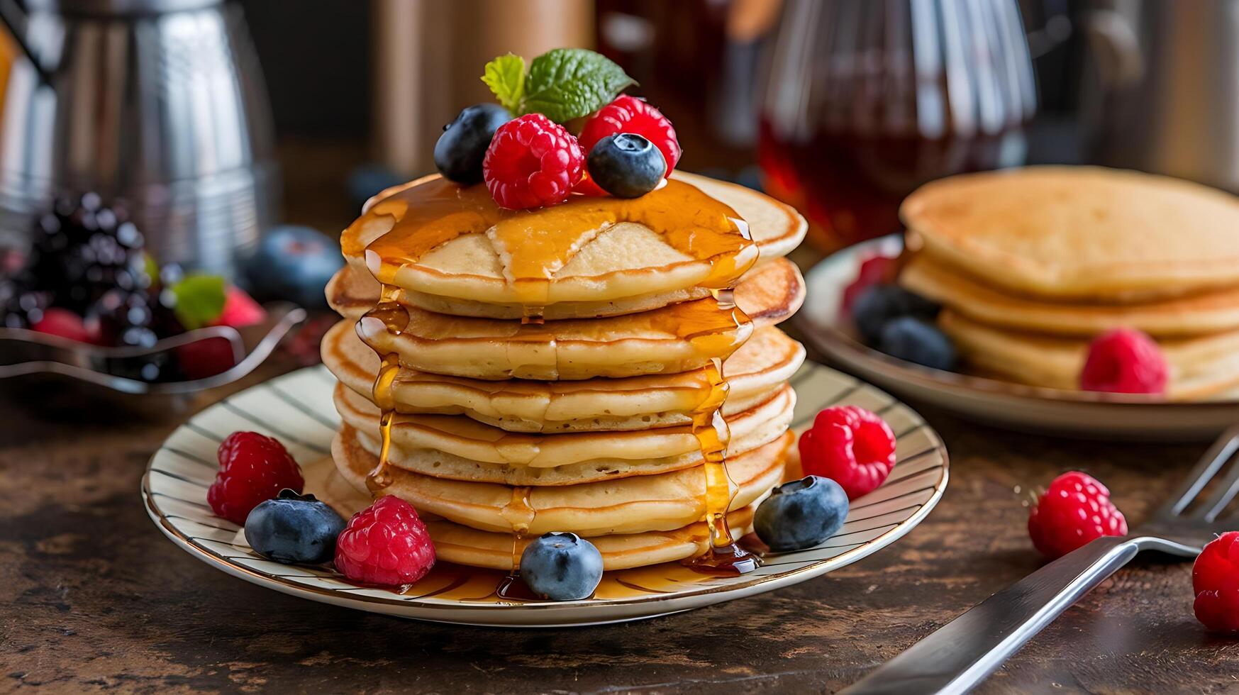 A stack of pancakes with berries and syrup photo