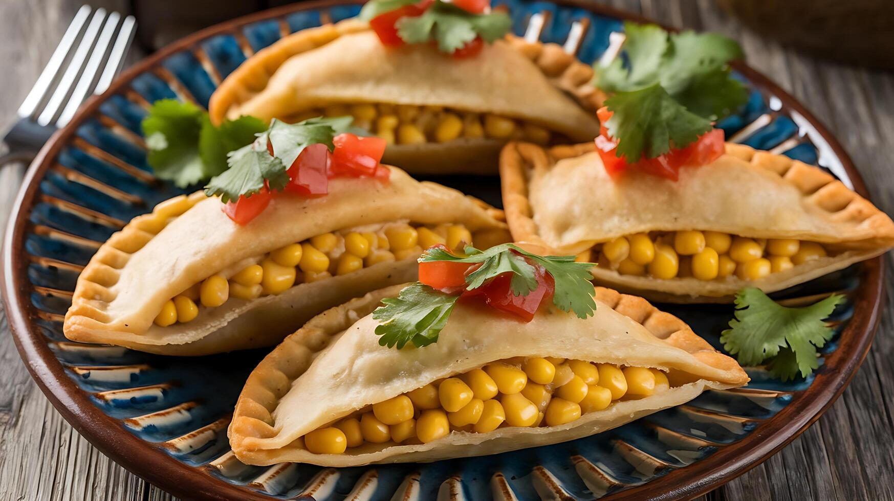 Three corn empanadas on a plate with a fork photo