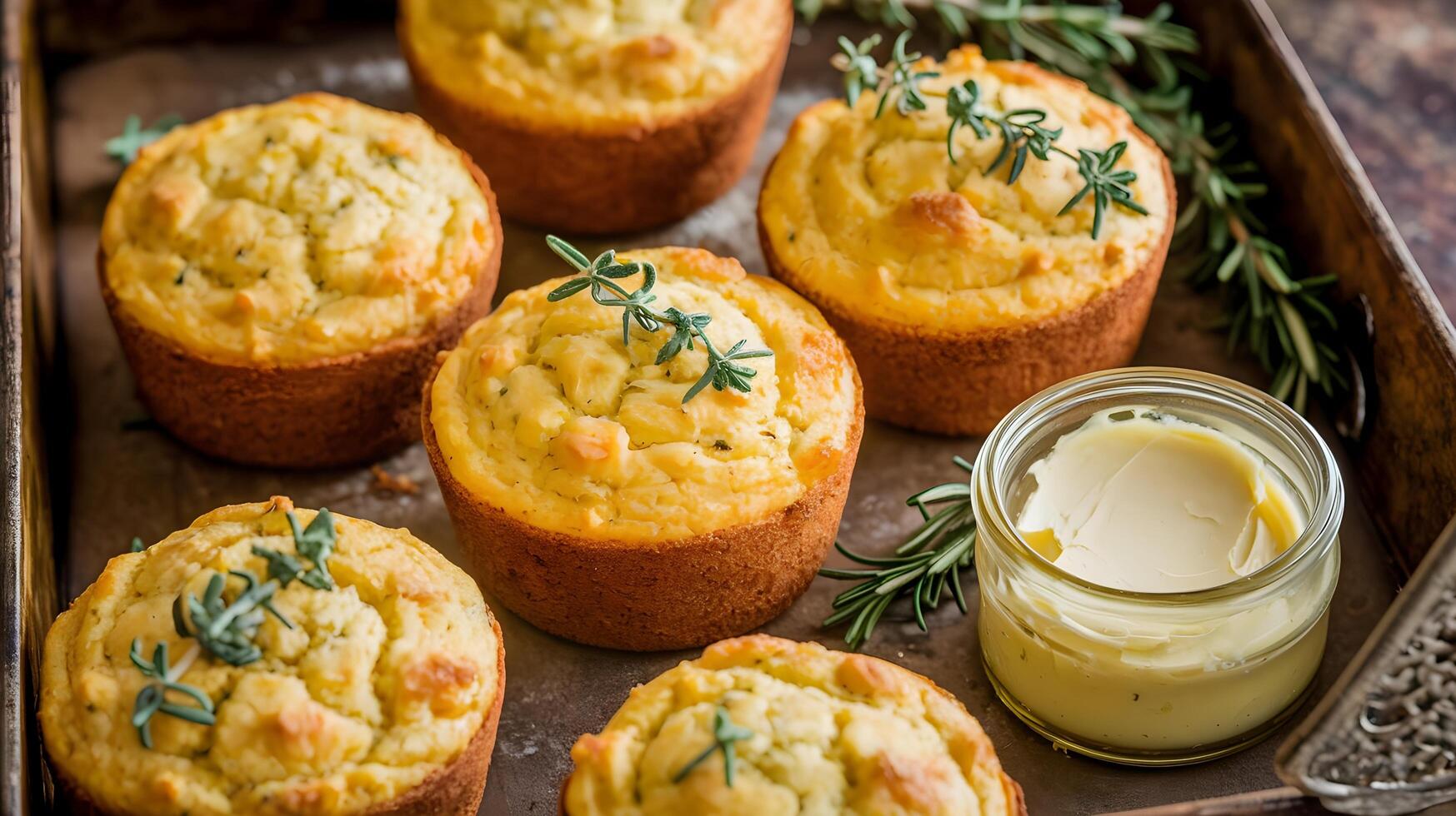 A tray of muffins with butter and rosemary photo