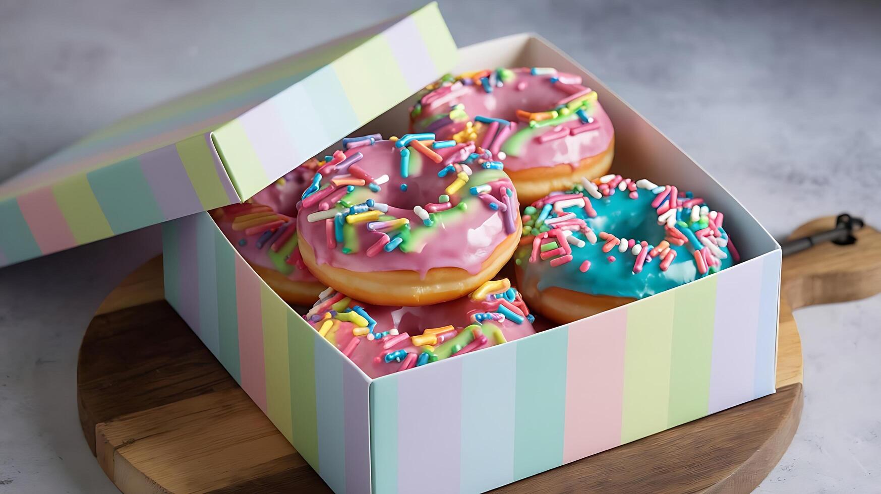 A box of colorful donuts sitting on a wooden board photo