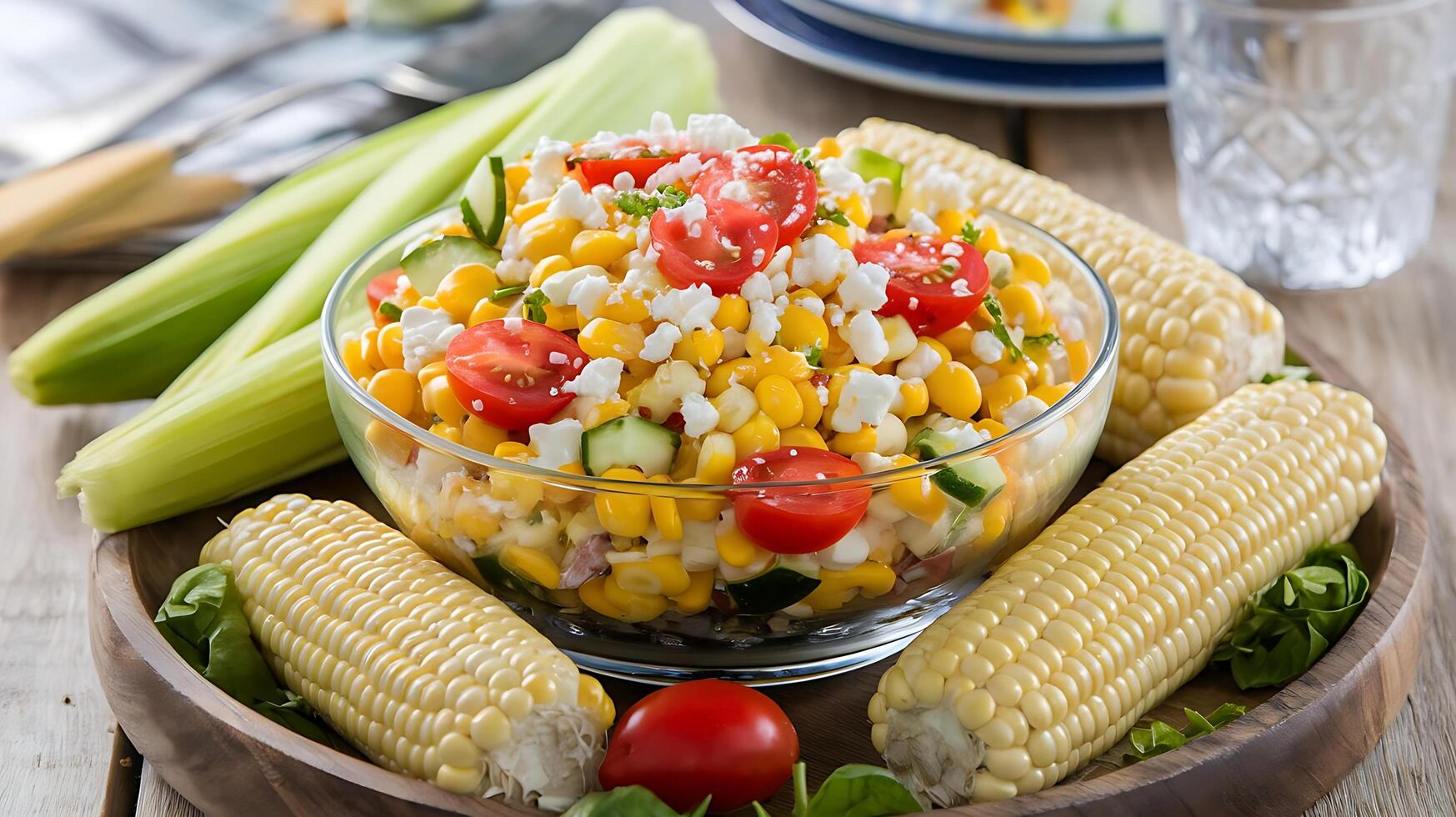 A bowl of corn salad with tomatoes, cucumbers and tomatoes photo
