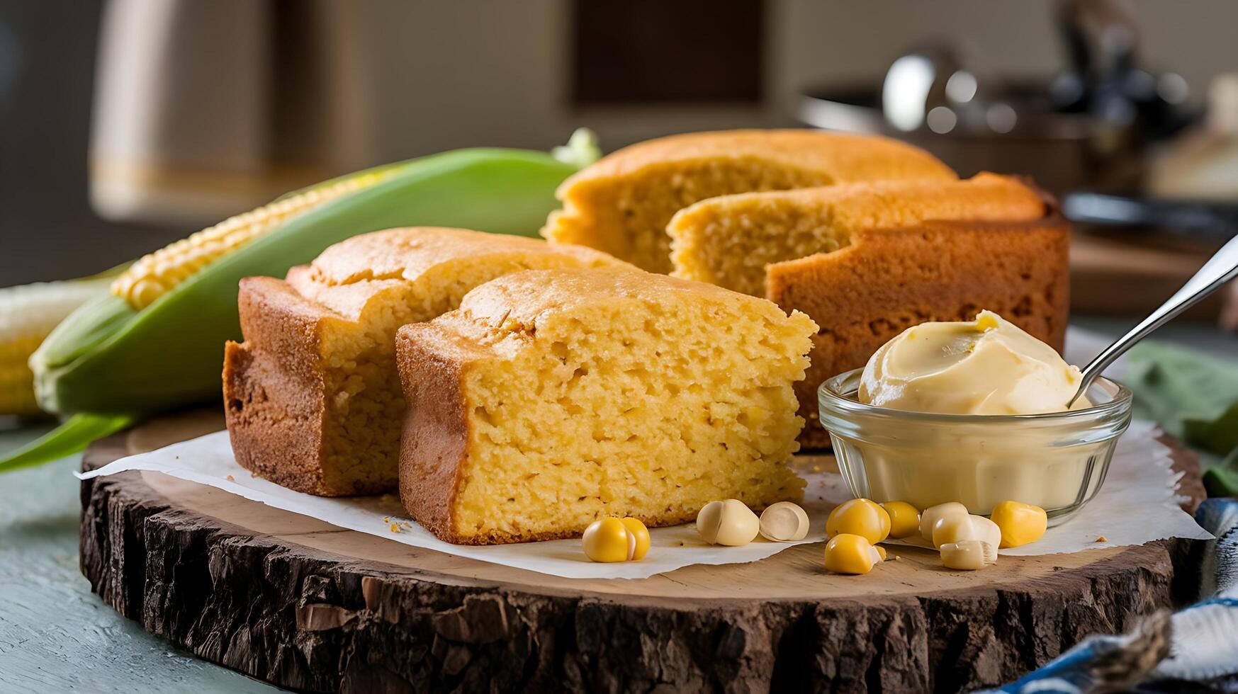 Cornbread with butter and corn on a wooden board photo
