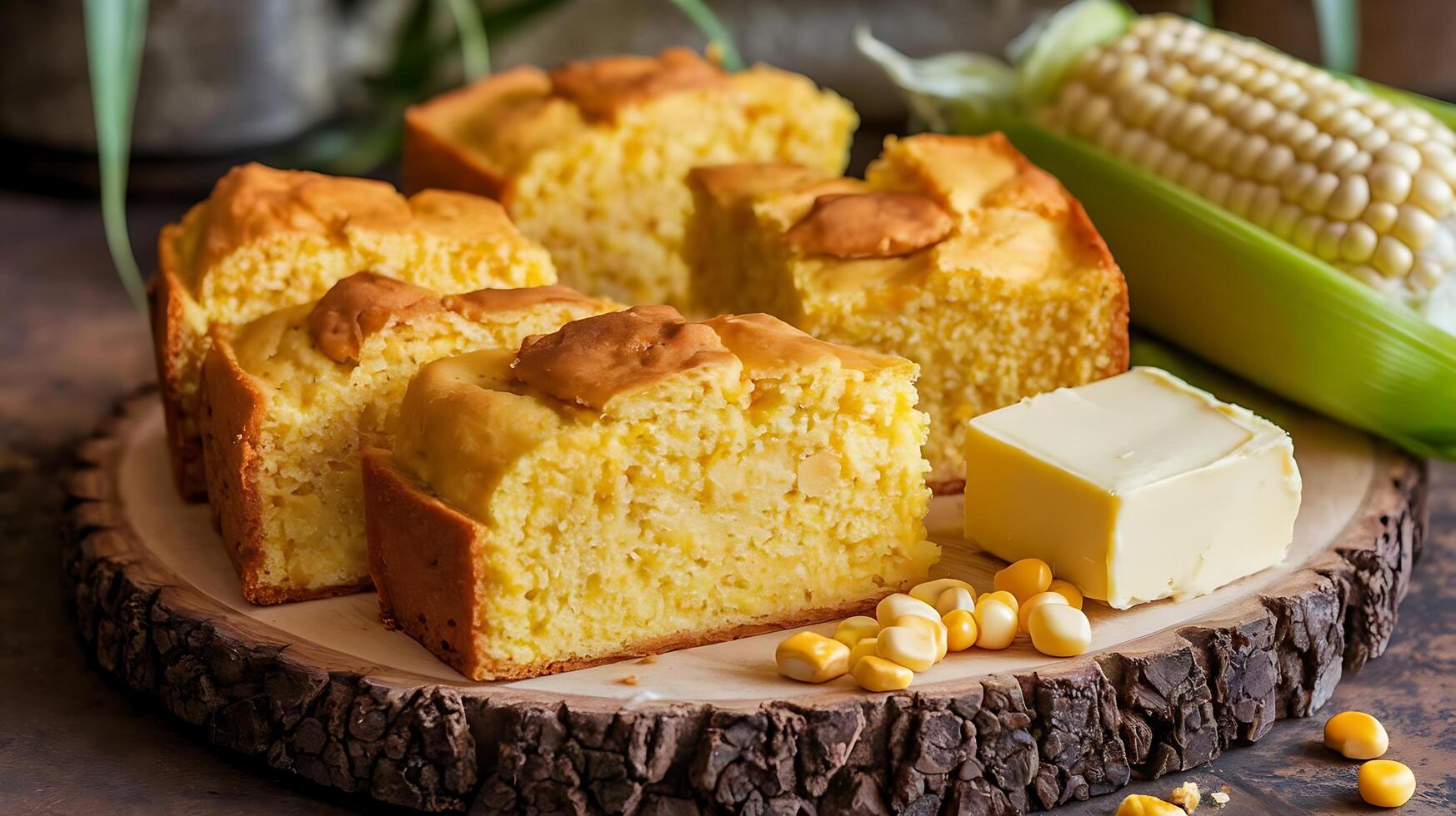 Cornbread with butter and corn on a wooden board photo