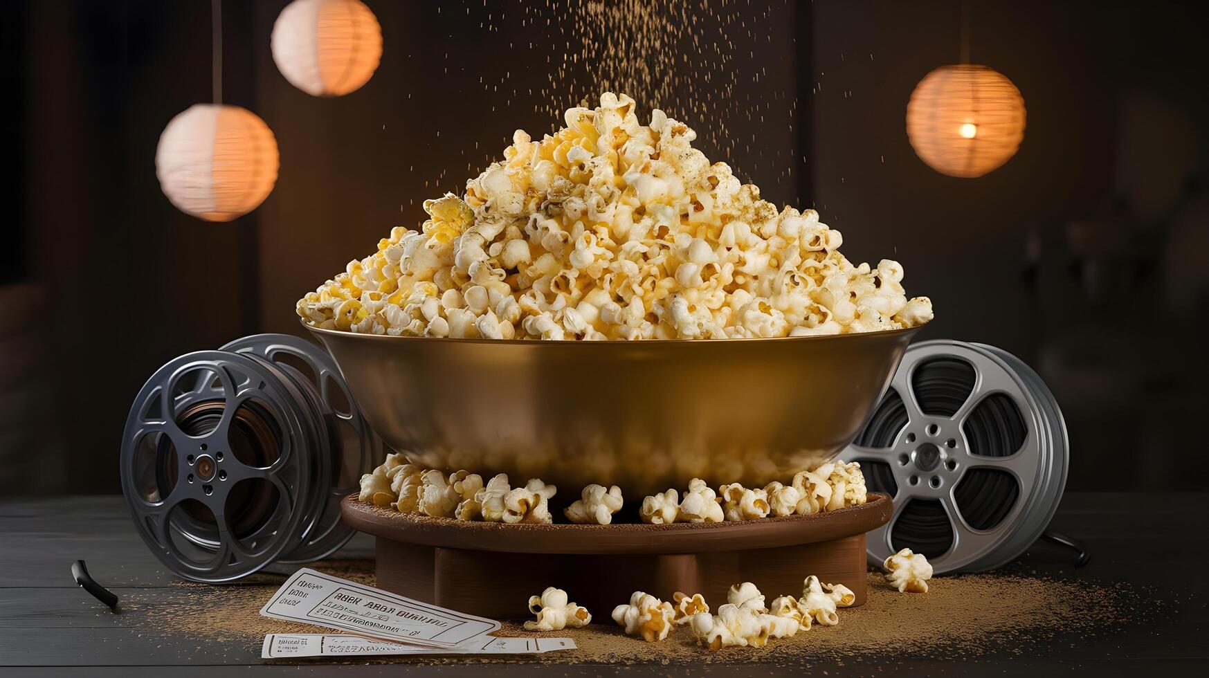 A bowl of popcorn with movie reels and popcorn photo