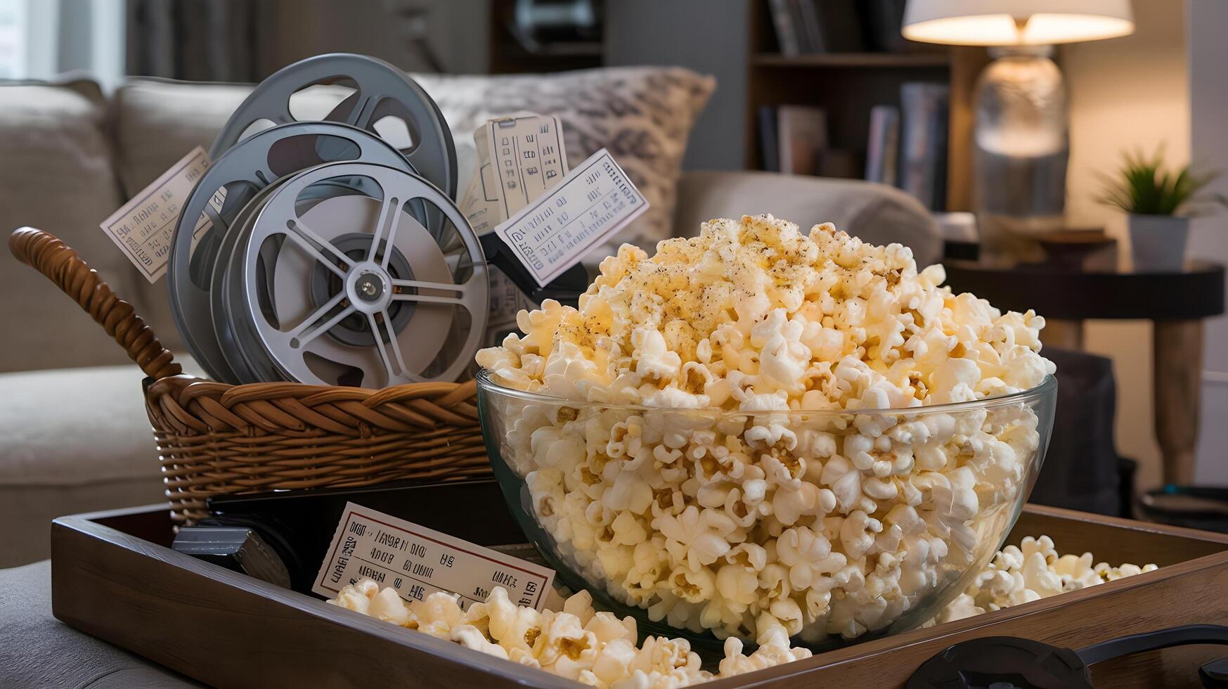 A bowl of popcorn and a movie reel on a tray photo