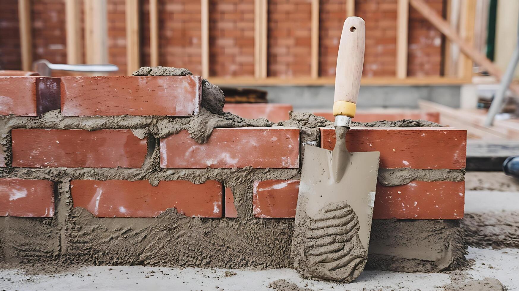 A brick wall with a shovel and a brick photo