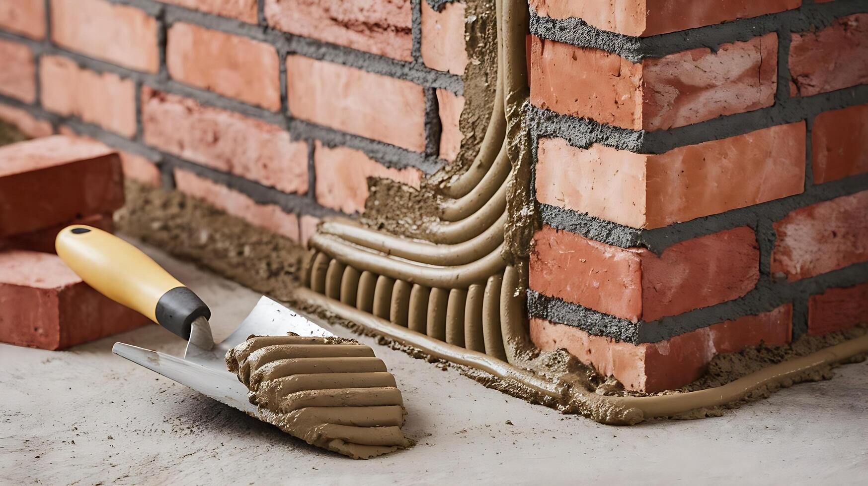 A brick wall with a brick laying tool and a brick photo