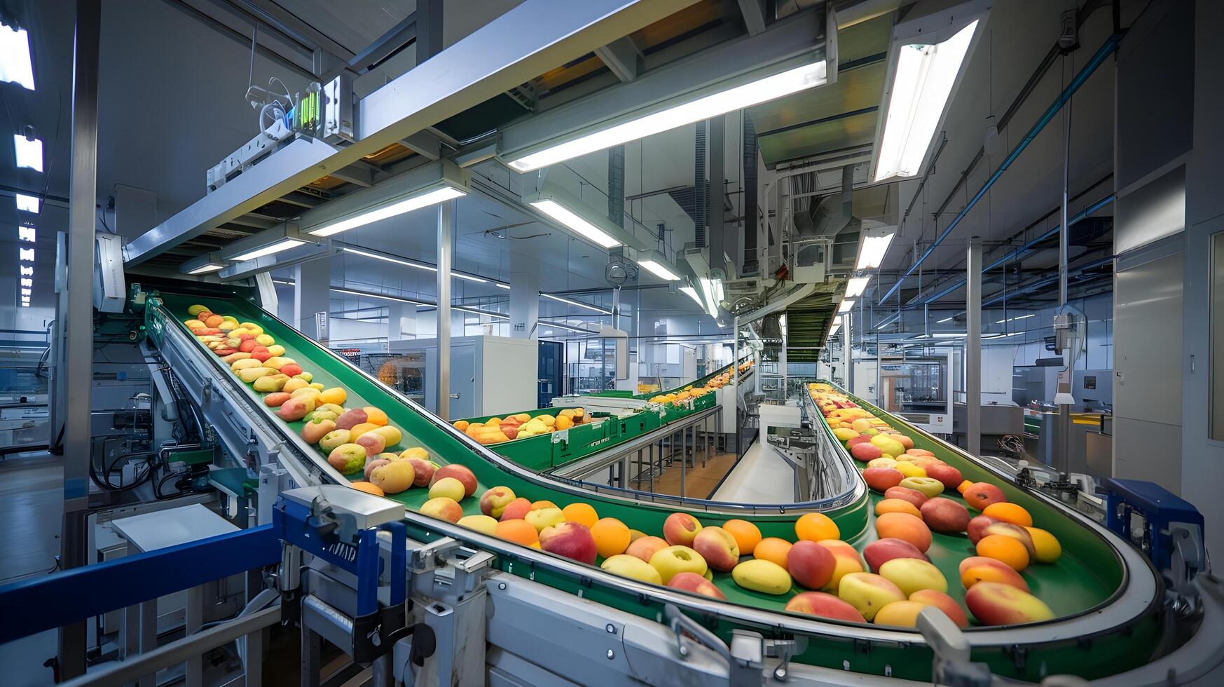 A conveyor belt with apples on it photo