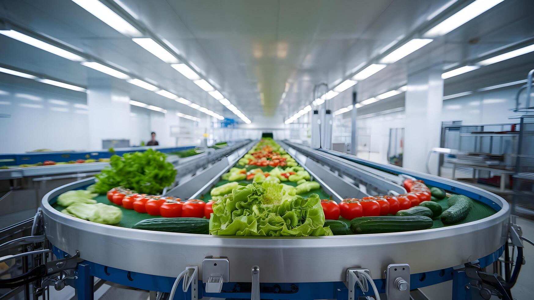 A conveyor belt with vegetables on it in a factory photo
