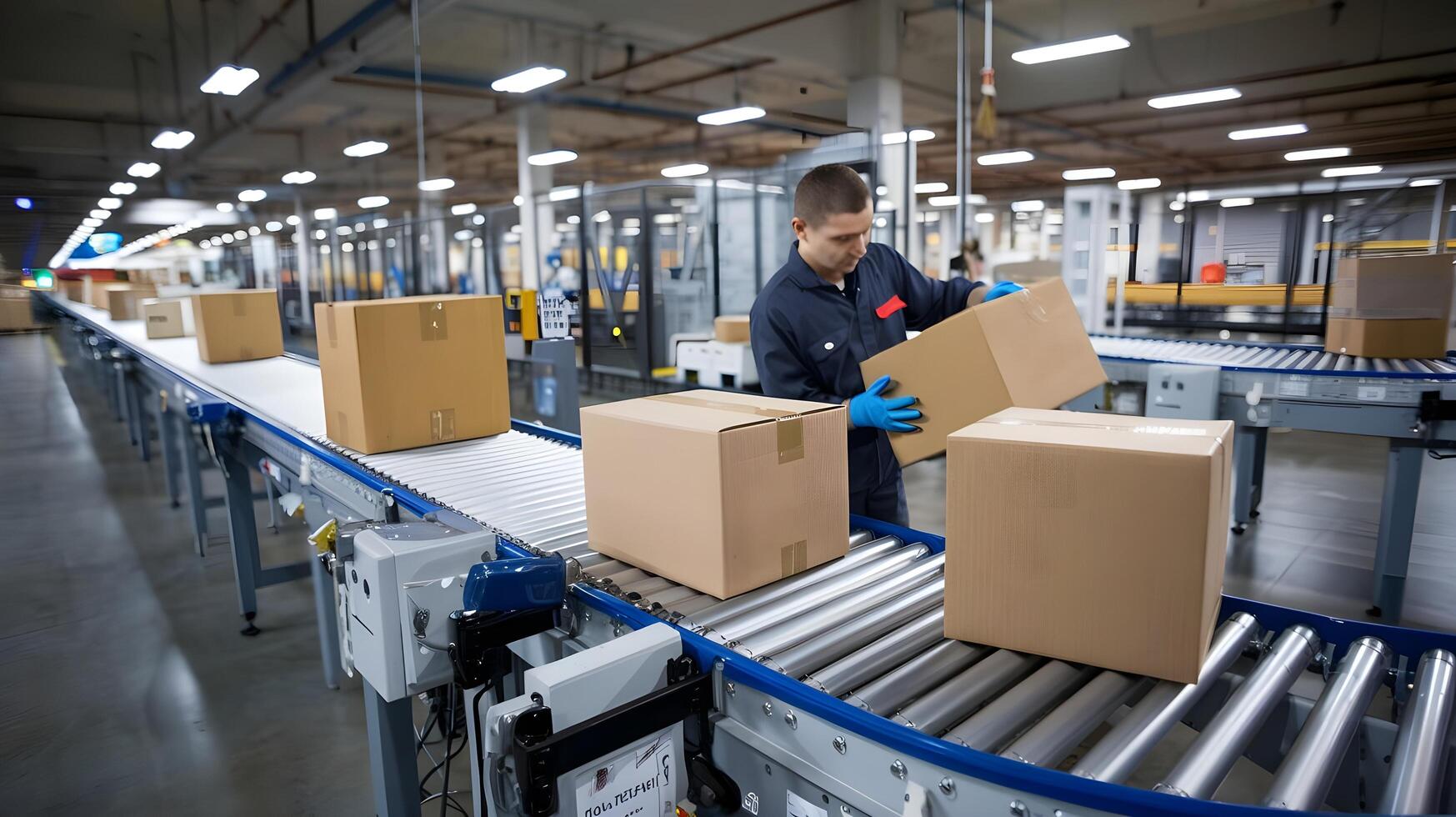 A worker is moving boxes on a conveyor belt photo